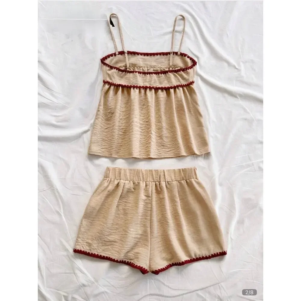 Boutique Khaki Linen Blend Tank Shorts Set Wine Trim Scallop Size M 6 Two Piece